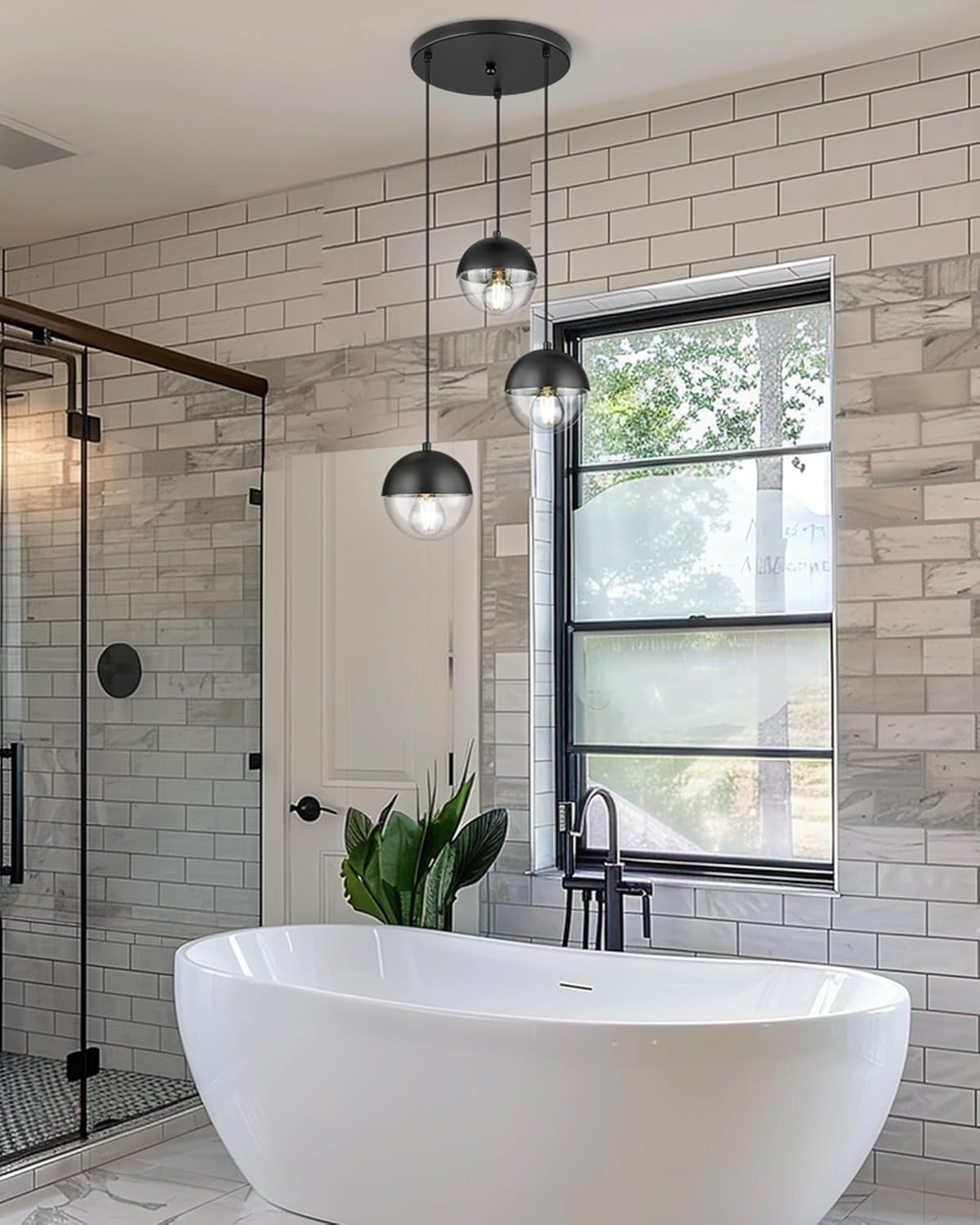 LMS Modern 3-Light Cluster Pendant Lights, Matte Black Kitchen Island Light Fixtures with Clear Globe Glass Shade, Adjustable Hanging Light for Bathroom Bedroom Dining Room Living Room, LMS-186BKC3