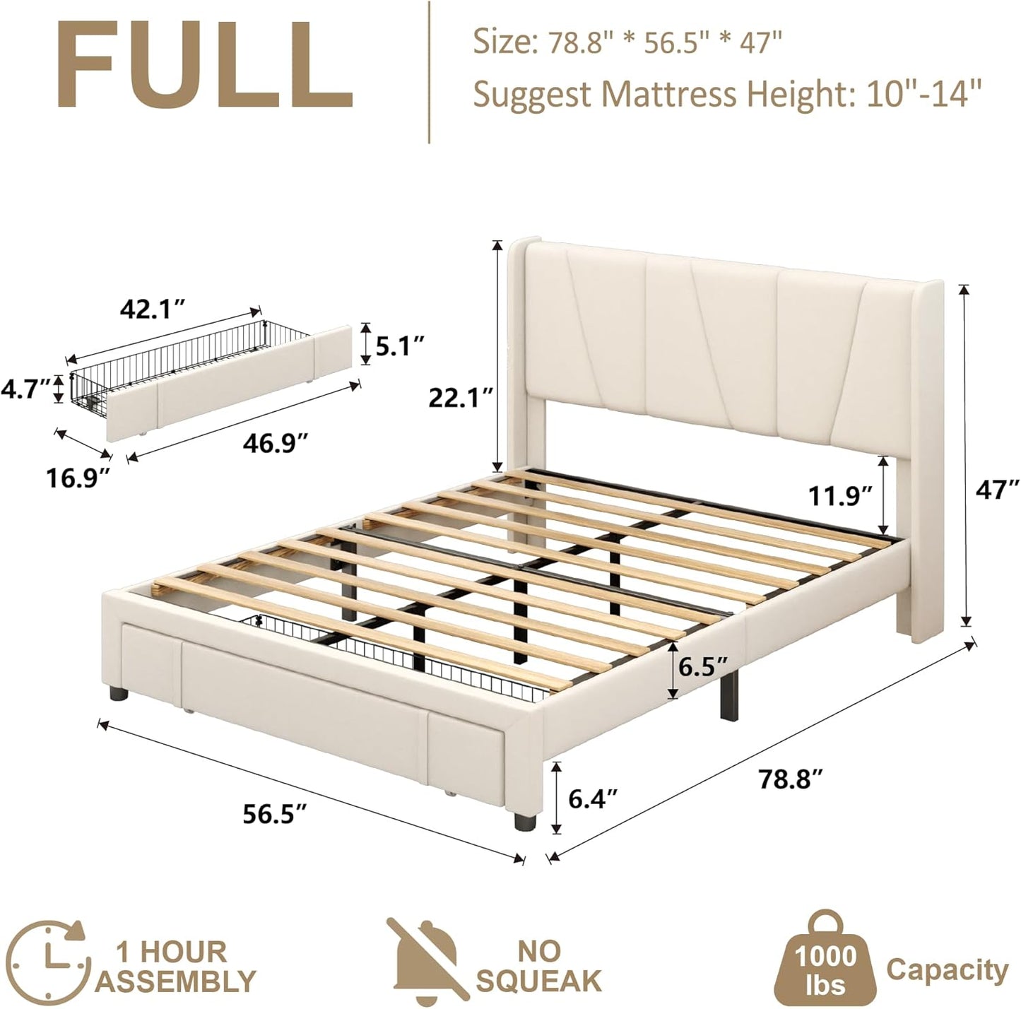 Full Bed Frame with Storage Drawers, Upholstered Platform Bed with Headboard and Wingboard, No Box Spring Needed, Noise Free, Easy Assembly, Wooden Support Slats, Beige