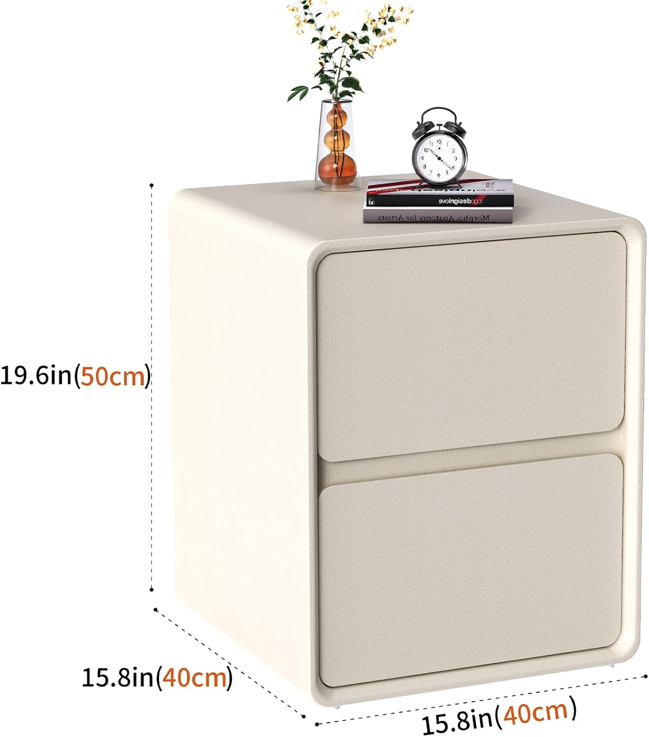 VICITON Modern Narrow Faux Leather Nightstand, Solid Wood Drawer, Storage Accent Table, Small Side End Table for Bedroom (Cream White, Large(15.7inch))