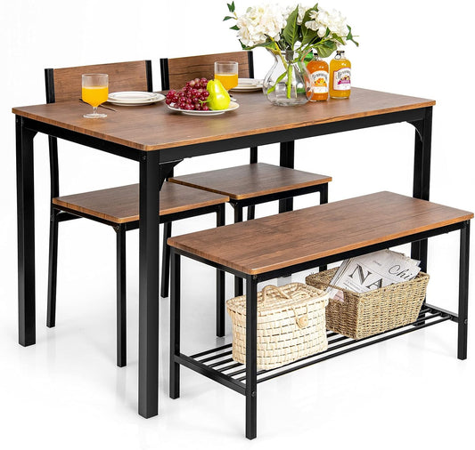 Giantex Dining Table Set for 4, 43" Kitchen Table and Chairs, Dining Bench with Metal Frame & Storage Rack, 4-Piece Modern Functional Desk Set for Dinette, Small Space, Apartment, Restaurant, Brown