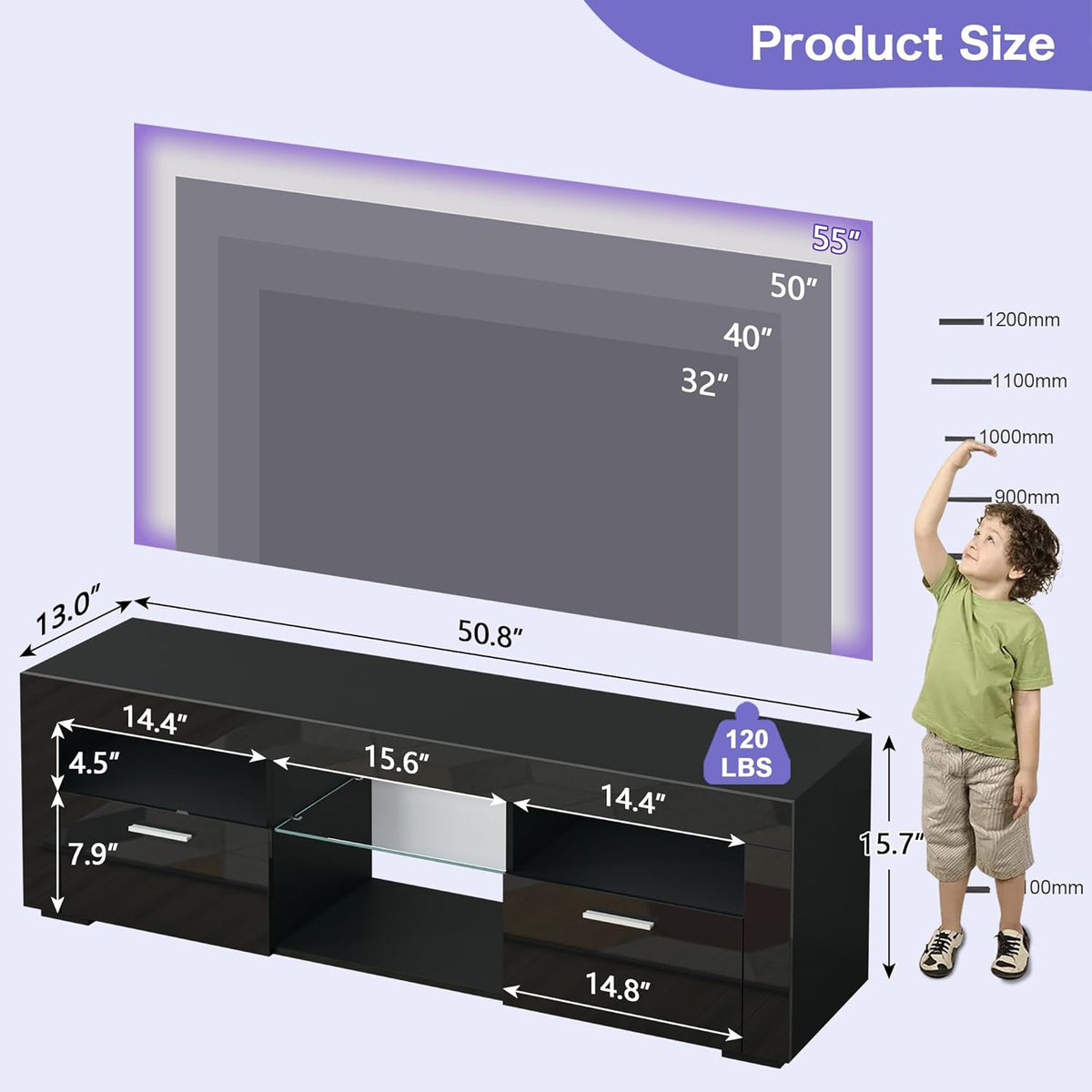 55" TV Stand for Living Room, High-Gloss Entertainment Center for 55 Inch TV, Spacious Storage Cabinet for Living Room & Bedroom (Black)