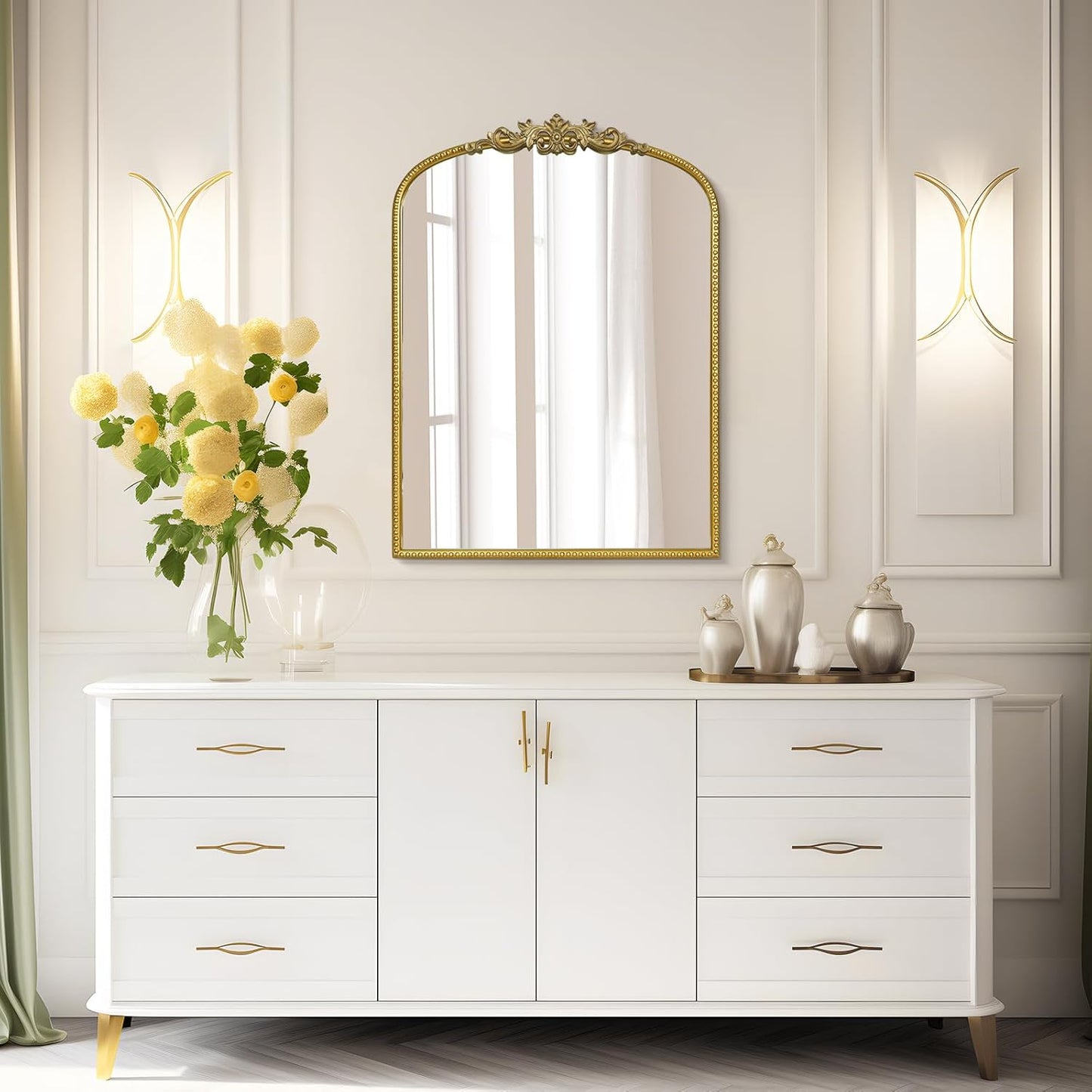 WallBeyond Gold Vintage Mirror - 22x30 Inch, Arched Antique Mirror with Ornate Frame for Bathroom, Living Room, Fireplace, Entryway