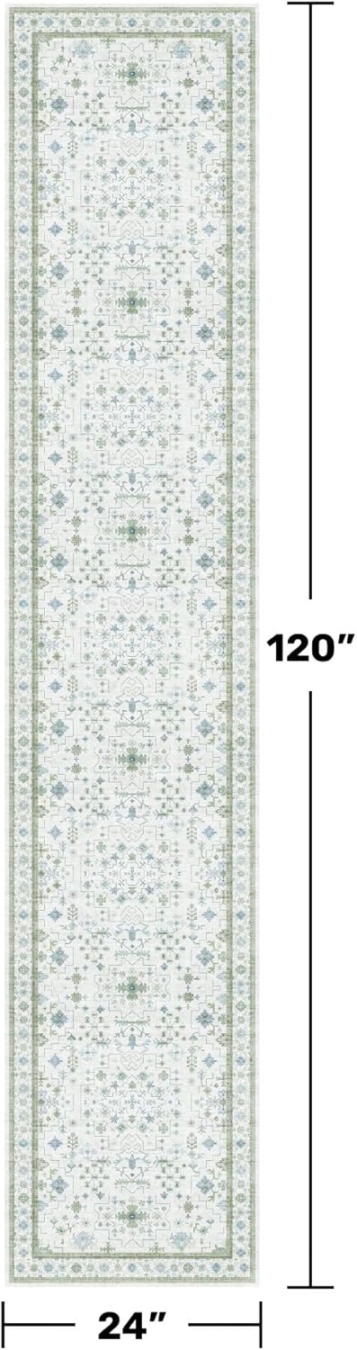 Oushak Runner 2x10 Hallway Rug - Floral Pastel Boho, Washable Low Pile Non Slip Extra Long Runner Rugs for Kitchen, Hall Way - Cream Blue and Green