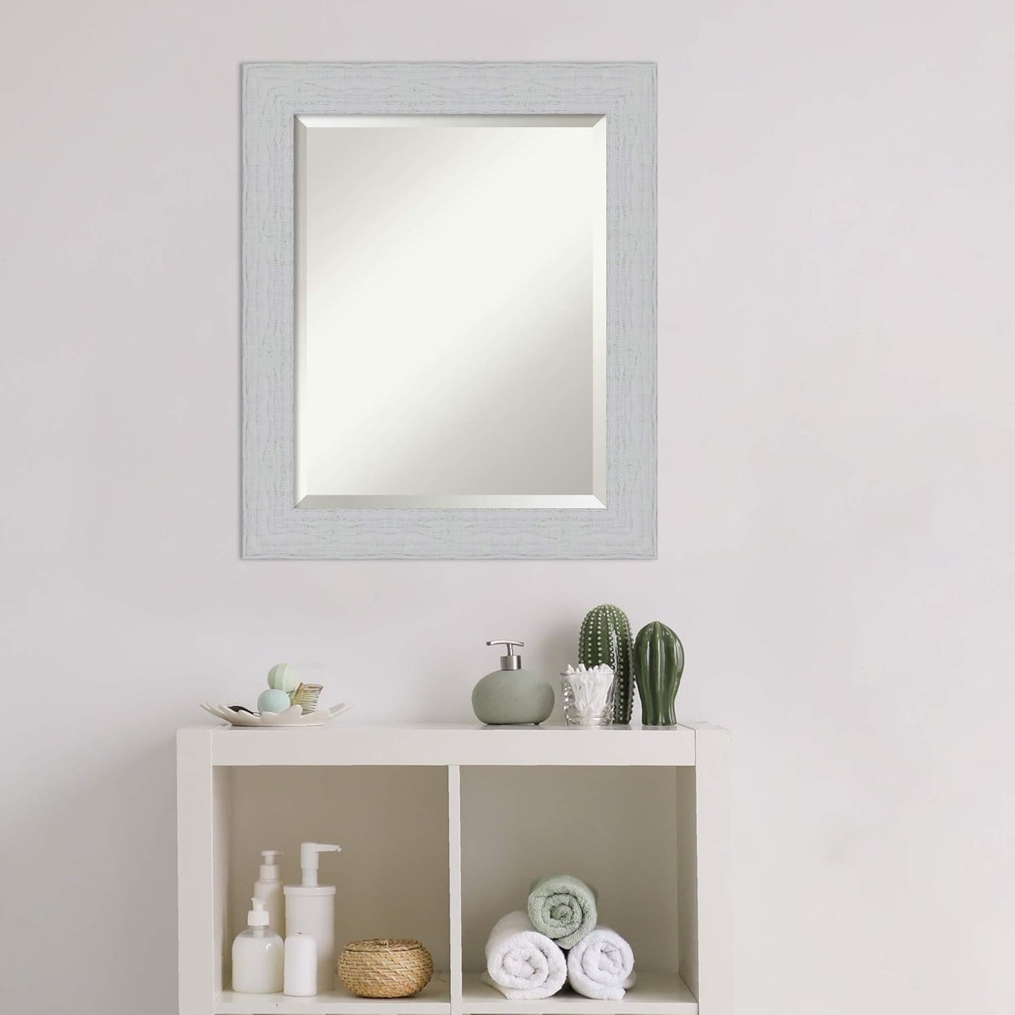 Amanti Art White Bathroom Mirror for Over Sink, 24x20 Shiplap White Rectangle Vanity Mirror, Small Coastal Wood Frame, Hangs Horizonally and Vertically, Bathroom Wall Decor, Beveled Edge from WI, USA