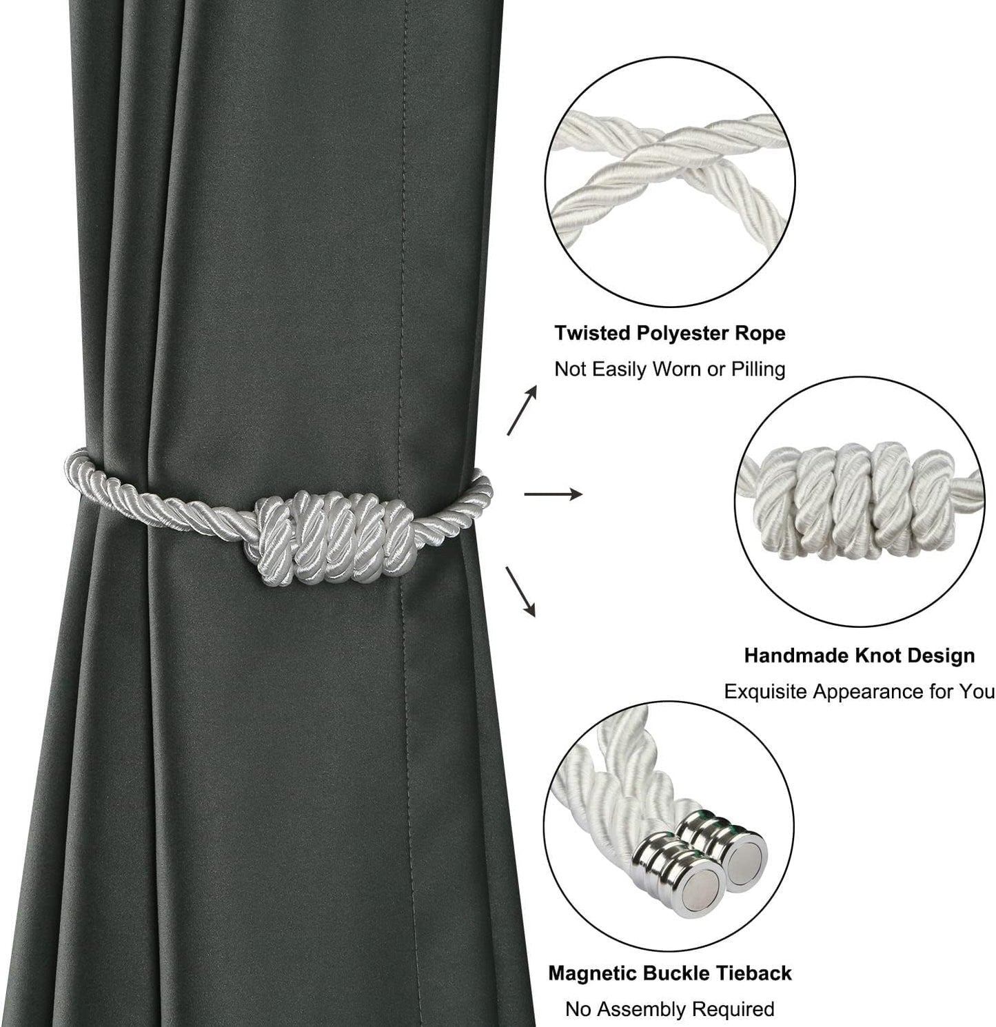 BEL AVENIR Magnetic Curtain Tiebacks, Decorative Drapery Holdbacks Modern Woven Tie-Backs with Exquisite Knot (White, 4 Pack)
