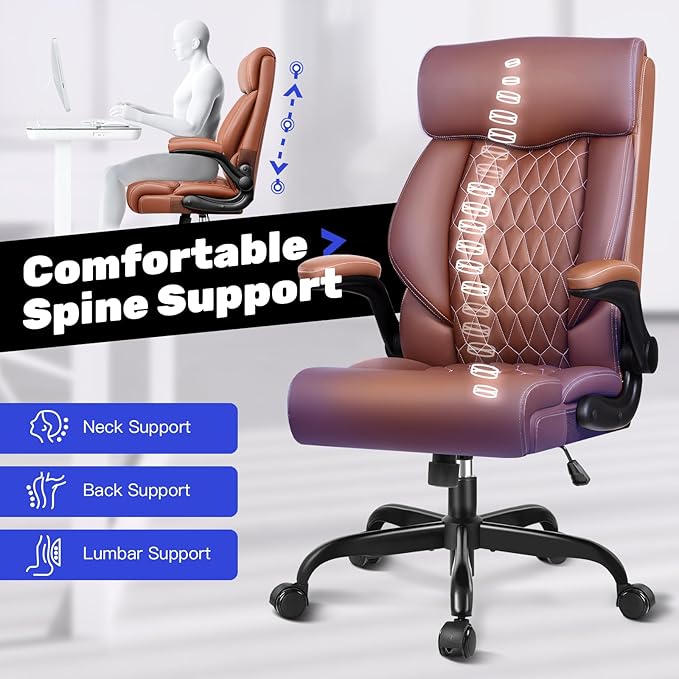 High Back Executive Office Chair - Ergonomic Computer Desk with Rocking Function, Leather Managerial with Adjustable Flip-Up Armrests and Lumbar Support
