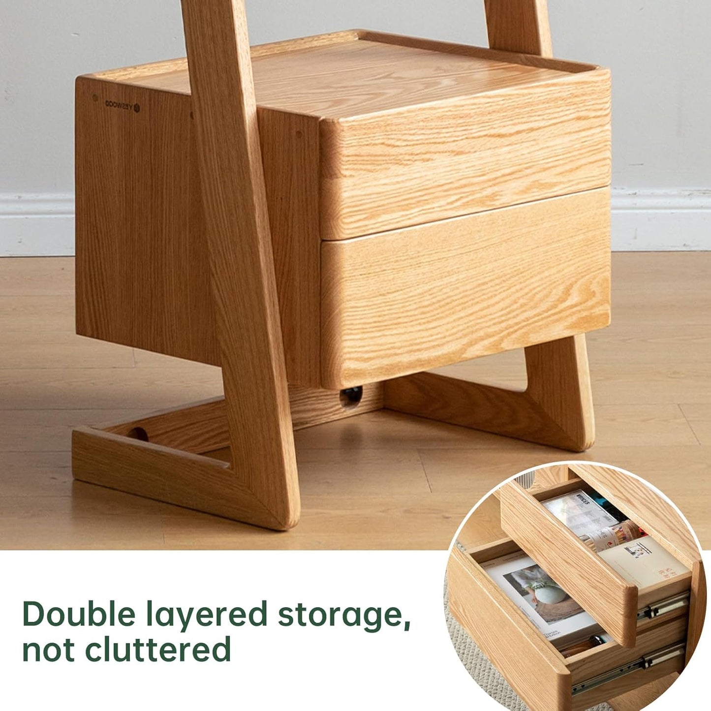 100% Solid Wood 5 Tier Ladder Shelf, Narrow Ladder Bookshelf with Drawers, 63.78" Tall Wood Bookcase Storage Rack Organizer, Freestanding Storage Shelve for Living Room Bedroom