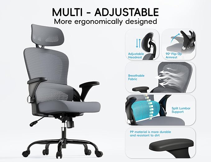 TRALT Office Chair - Ergonomic Office Chair with Back Support, Home Office Desk Chairs, 330lbs Wide Seat Big and Tall Office Chairs with Headrest, Comfy Desk Chairs (Grey Black)