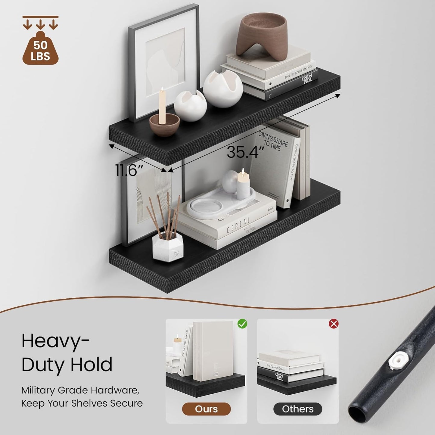 Heimlove 36 Inch Long Floating Shelf for Wall, 12" Deep Black Floating Shelves Wall Shelves for Bedroom Living Room Bedroom, Wall Mounted Shelves for Storage Book Decor, Set of 2