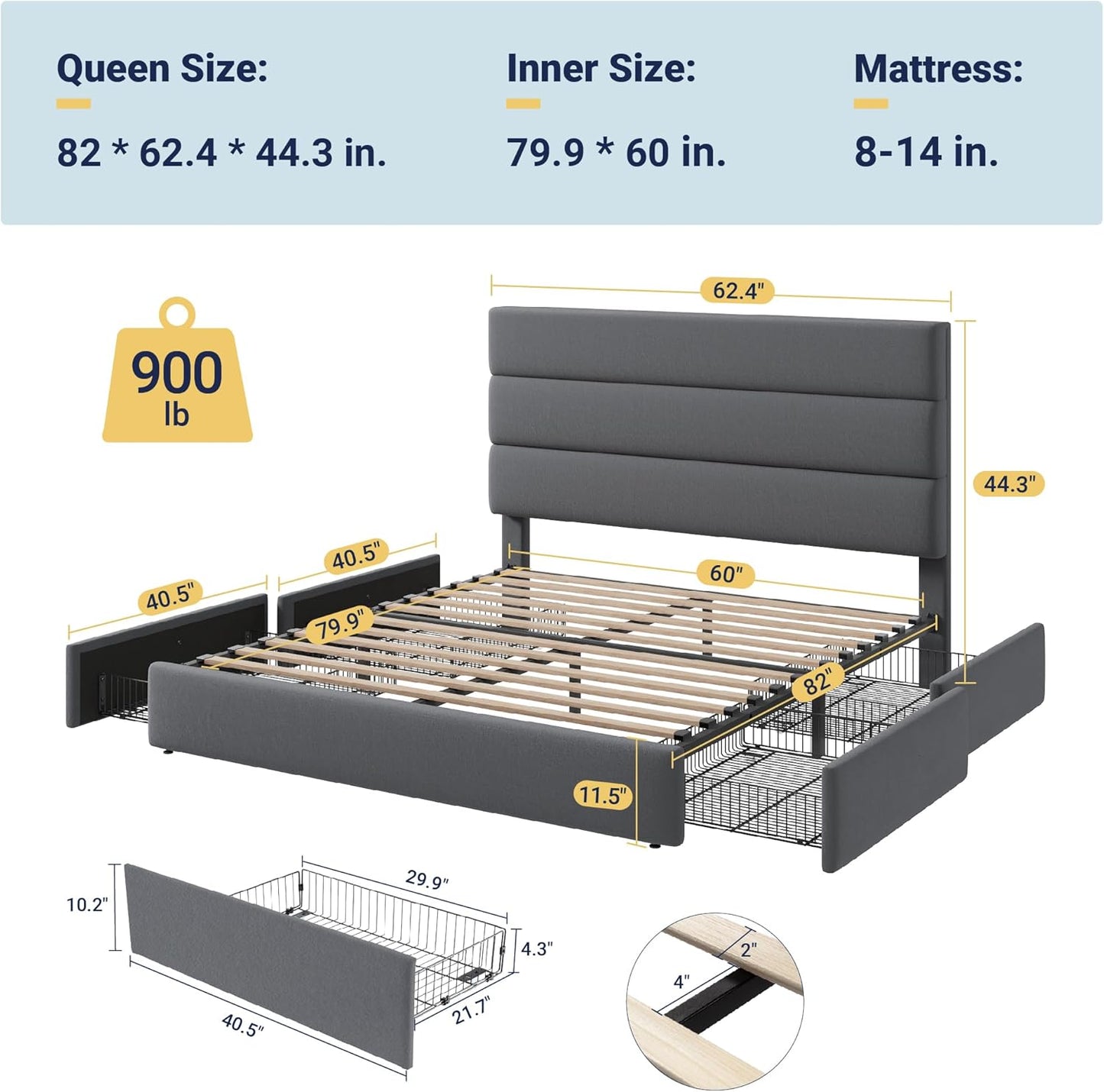 Allewie Modern Queen Size Platform Bed Frame with 4 Storage Drawers and Velvet Upholstered Headboard, Wooden Slats Support, Upholstered Mattress Foundation/No Box Spring Needed/Easy Assembly, Grey