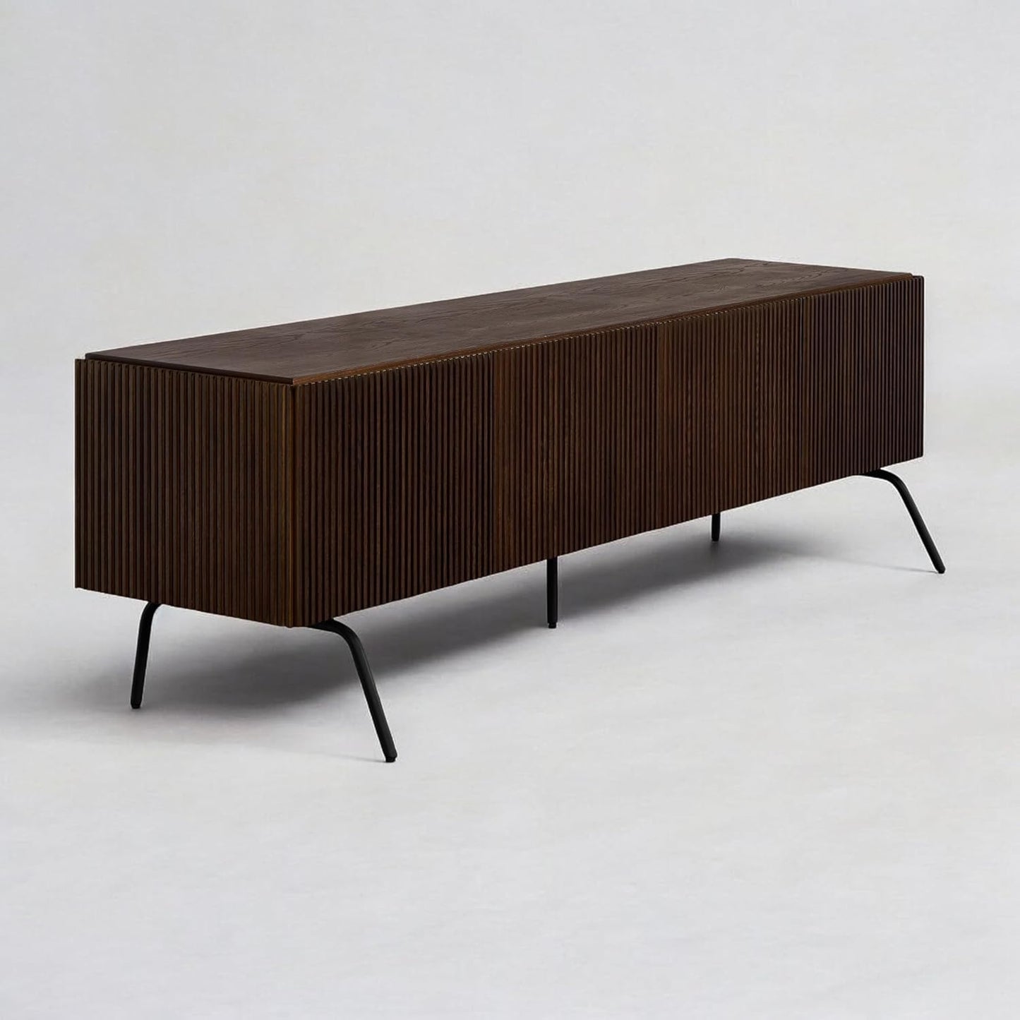 NTC Veil TV Stand with 4 Doors for TVs up to 75’’, Media Console with Vertical Groove Design and Metal Legs, Modern Entertainment Center for Living Room and Bedroom, Effortless Assembly, Dark Walnut