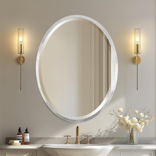 OVALCREST - Oval Wooden Beveled Wall Mirror for Home Decor, Bathroom, Vanity, Bedroom, Living Room, Hallway - London Style (Silver Leaf with Brown Antique) 21.1 x 25.1