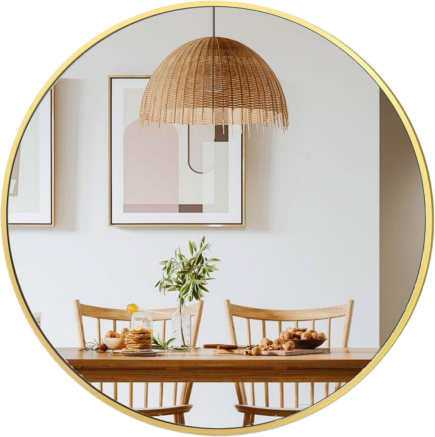 24 inch Gold Circle Wall Mirror, Brushed Gold Metal Framed Round Mirror for Bathroom Vanity, Bedroom Decor, Living Room, Entryway