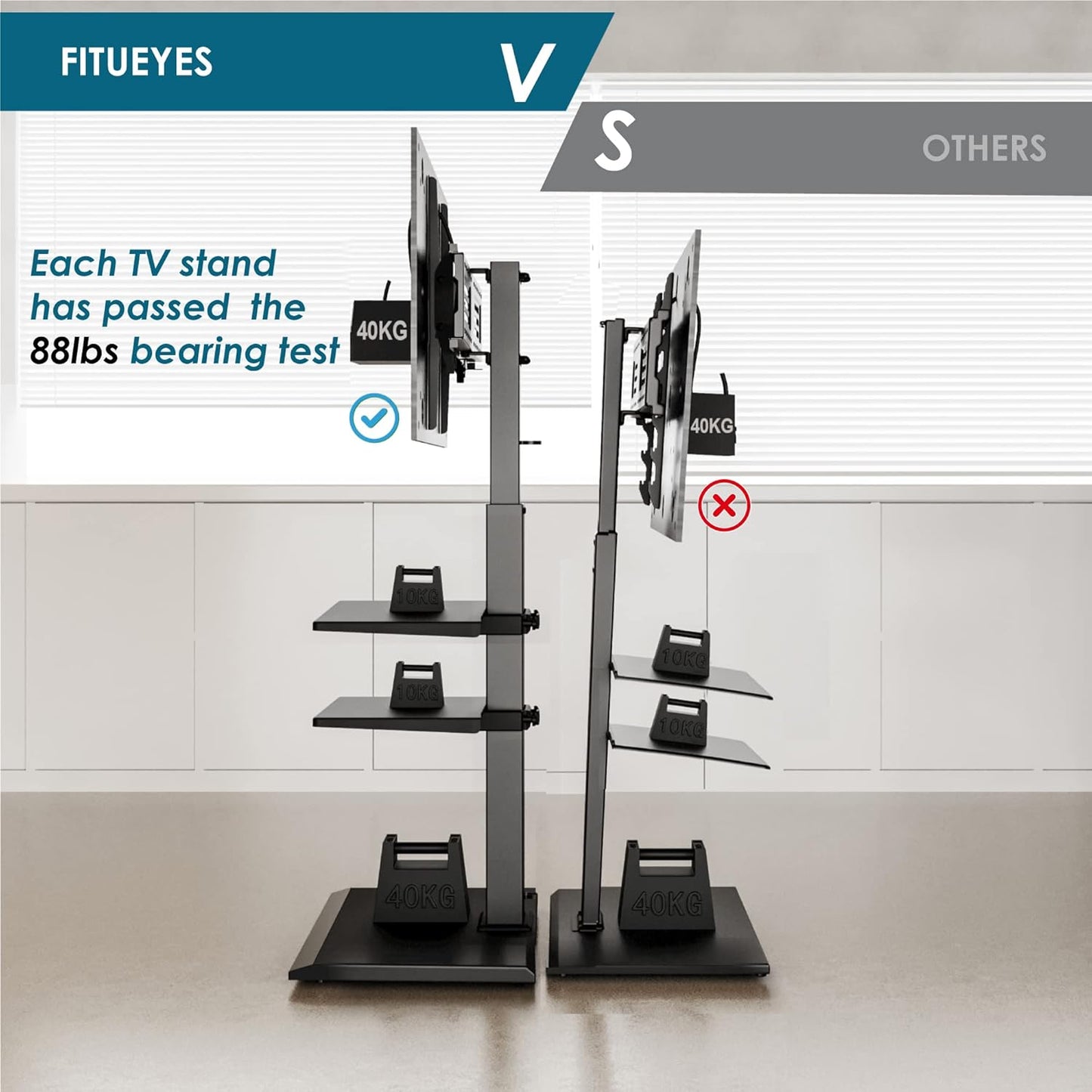 FITUEYES Iron Base Universal Floor TV Stand with Swivel Tilt, TV Mount Stand for 32-75 Inch Screens, Corner TV Stand with Height Adjustable Entertainment Shelves (Black)