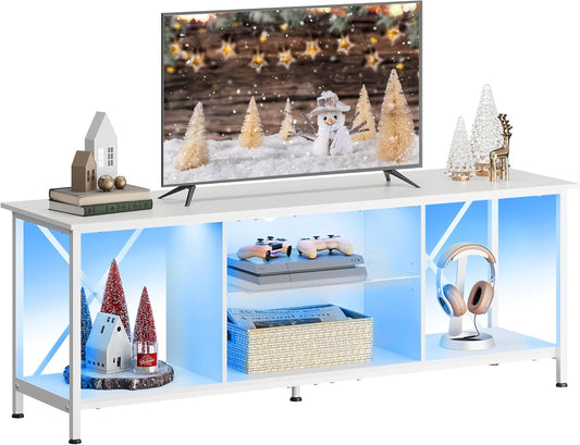 WLIVE TV Stand up to 65 Inch TV, 55" Entertainment Center with LED, Industrial TV Console with Glass Shelf for Living Room and Bedroom, White