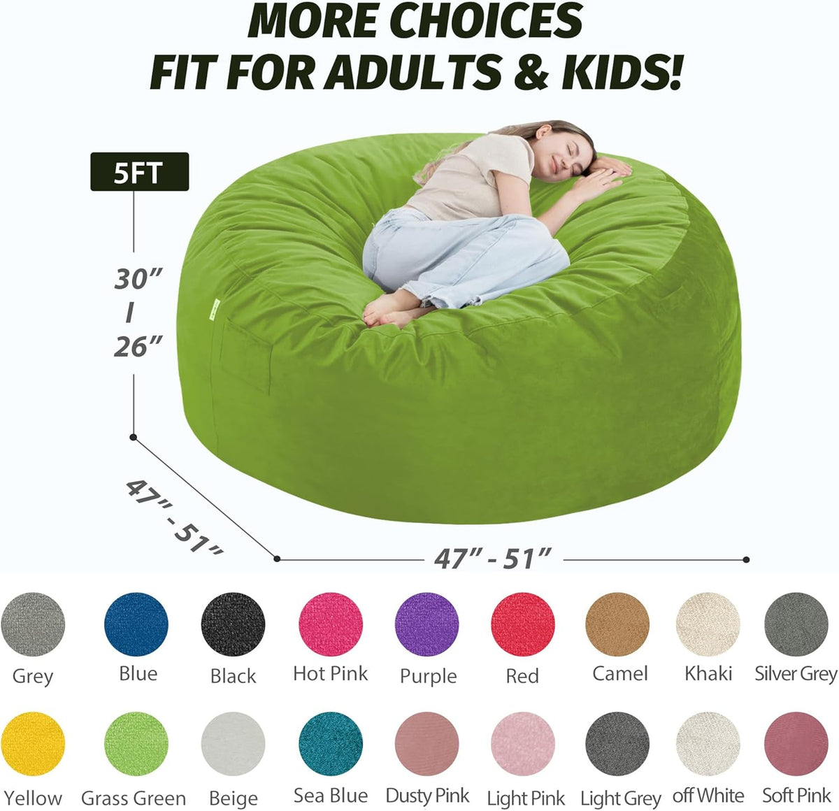 5FT Bean Bag Chair with Ultra Soft Velvet Cover Bean Bag Sofa with Memory Foam Bean Bag Chairs with Large Size Lazy Sofa for Dorm Office Living Room Bedroom Grass Green 5'