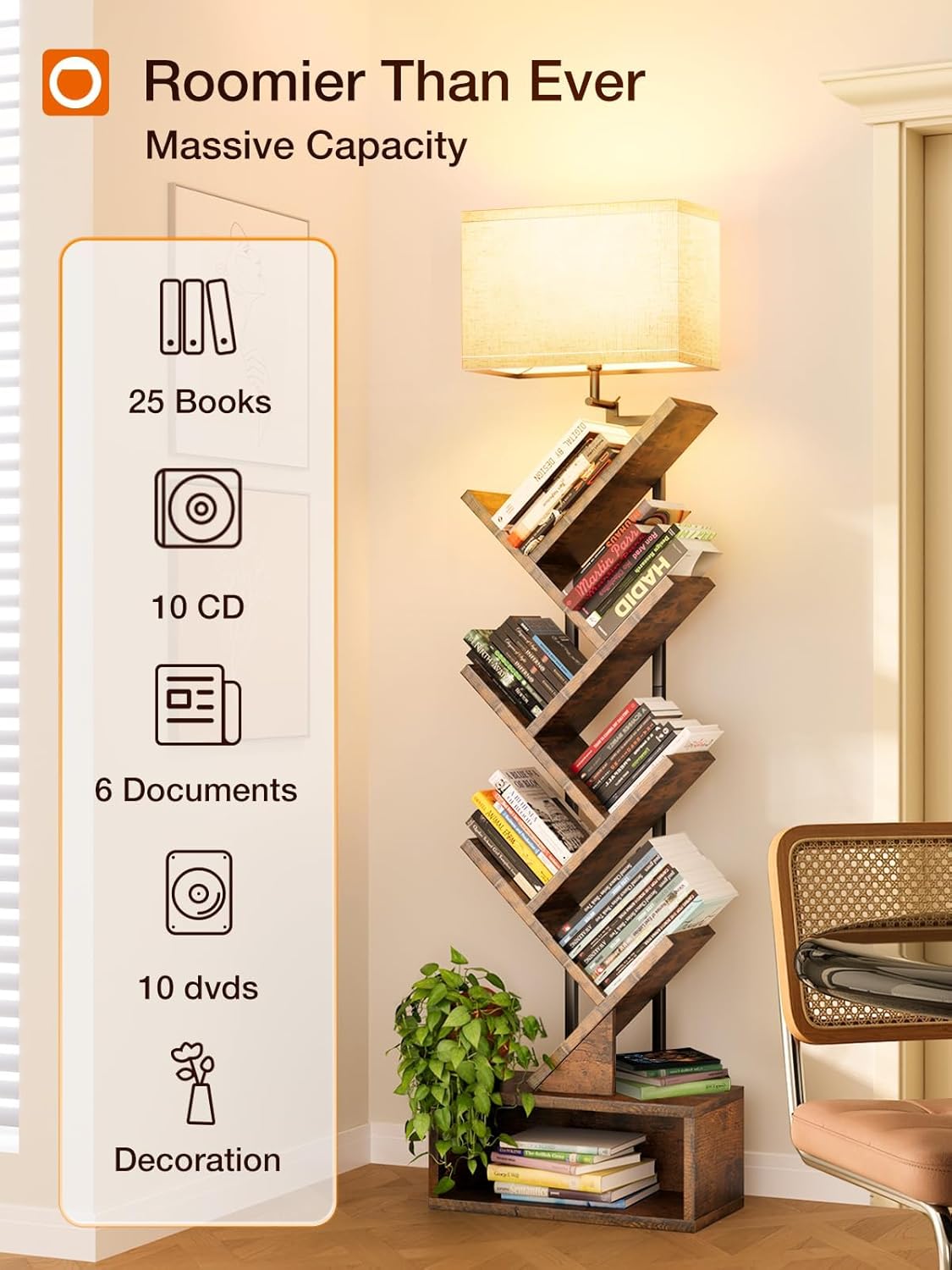 addlon 6-Tier Tree Bookshelf, Steel&Wood Corner Shelf with 3CCT Bulb,Small Book Shelf for Bedroom, Home Office&Living Room-Rustic Brown