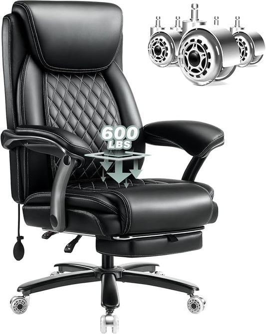 600LBS Large Heavy Duty Office Chair with Foot Rest,Reclining Big and Tall Office Chair with Pocket Spring Cushion, Comfy High Back with Adjustable Lumbar Support,Dual Rubber Wheel
