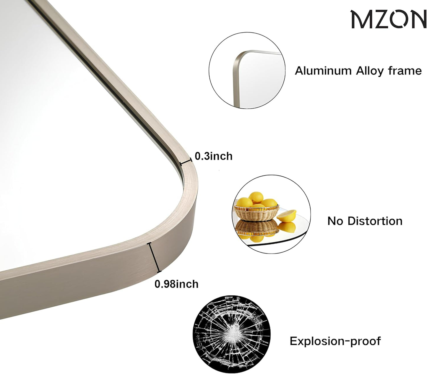 MZON 24x36Inch Brushed Nickel Bathroom Mirror, Rectangle Wall Mounted Mirror for Bathroom or Living Room, Anti-Rust Frame & Tempered Glass, Horizontal/Vertical Mount - Timeless&Elegance Wall Decor