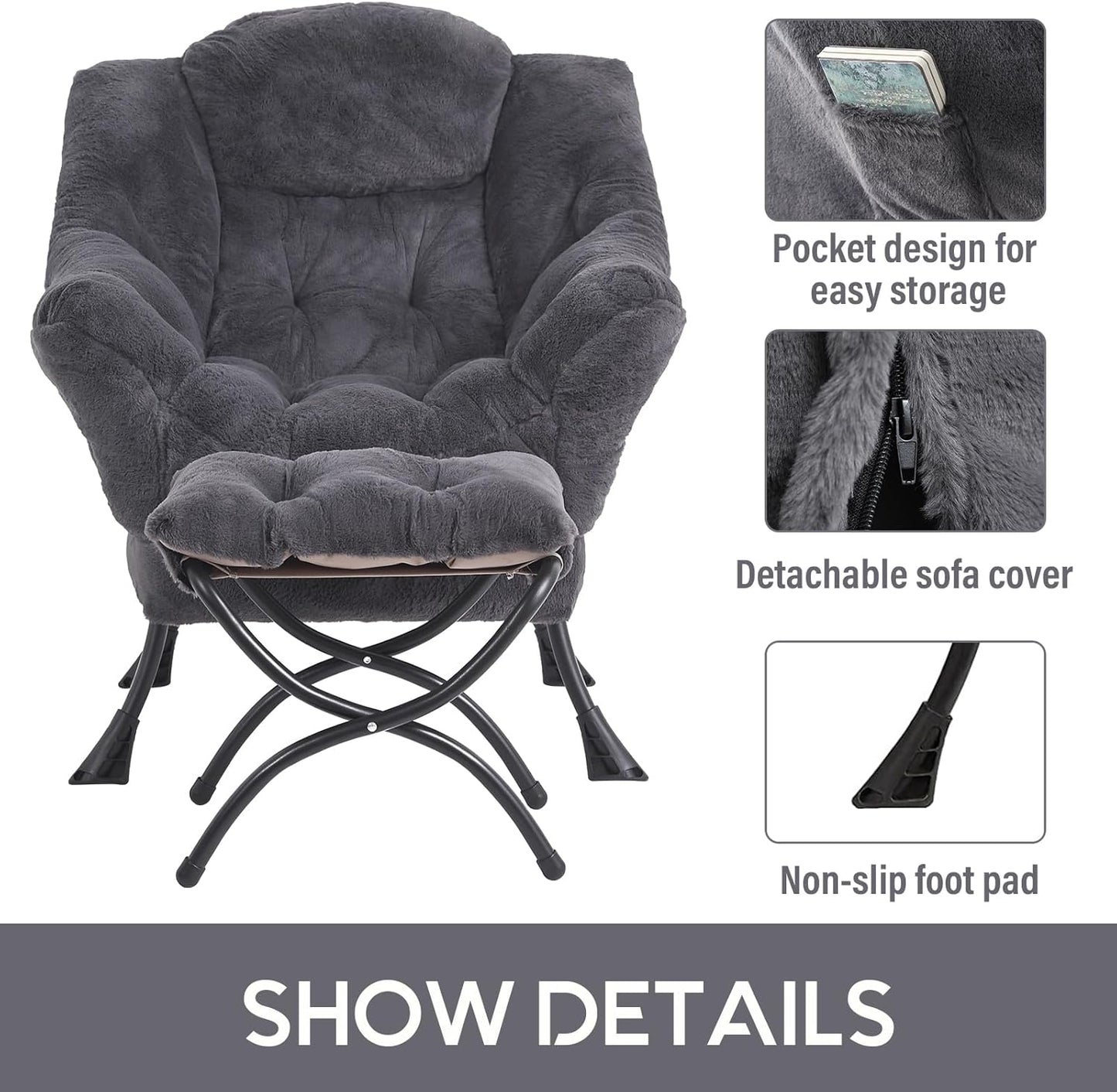 LITA Lazy Chair with Ottoman, Modern Accent Leisure Upholstered Sofa Chair, Lounge Reading Chair with Armrests and a Side Pocket for Living Room, Bedroom & Small Space, Plush Navy