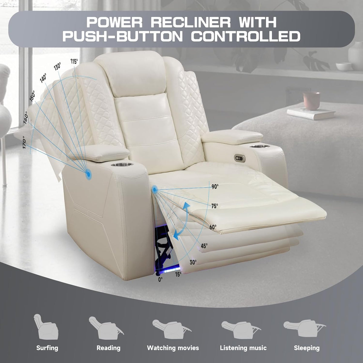 PU Leather Power Wall Hugger Chair Double Reclining Sectional Sofa 3-Seater Loveseat Couch with Reversible Coffee Table, Wireless Chargers, USB Port, Cup Holders, Storage Armrest, Ambient LED Light