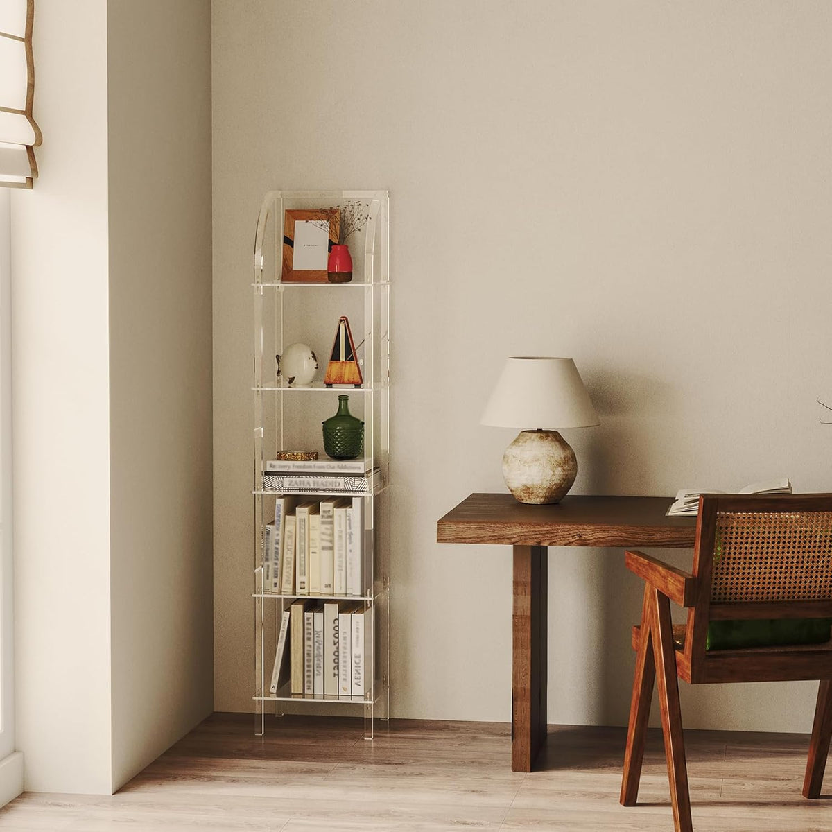 5-Tier Acrylic Arched Bookcase, Square Legs, 13.8''W x 11.8''D x 59.6''H, Clear Narrow Bookshelf for Small Space, Unique Book Shelves for Home Office, Living Room, Bedroom, Modern