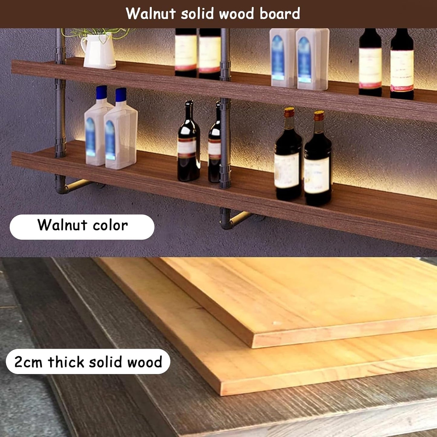 47.2in Large Wine Rack with LED Light Solid Wood Wall Mounted Wine Rack, 3-Tiers Liquor Bottles Floating Shelves Display Storage Organizer for Home Bar & Dining Room (120cm/47.2in)