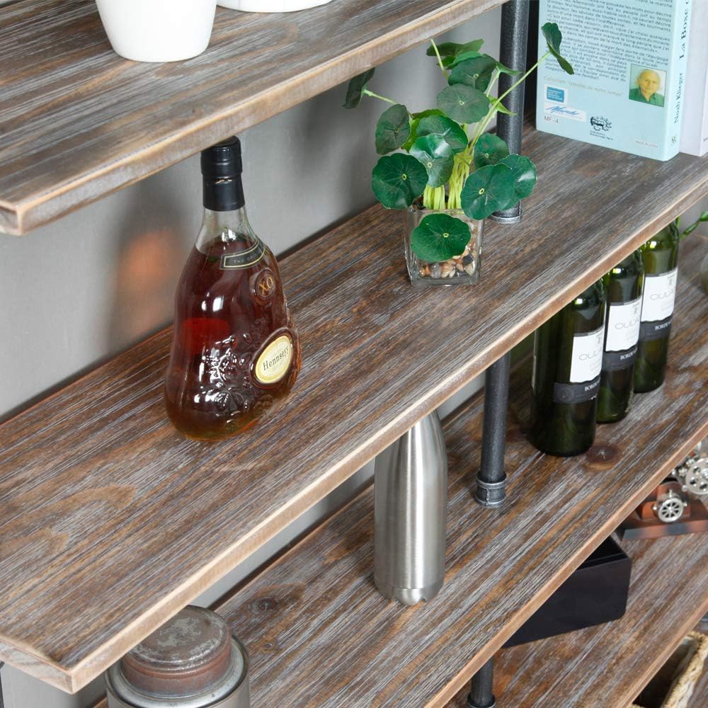 Industrial 6-Tiers Modern Ladder Shelf Bookcase,Solid Wood Storage Shelf,Display Shelving, Wall Mounted Wood Shelves, Pipe Wood Shelves Bookshelf Vintage Wrought Iron Finish (Gray)