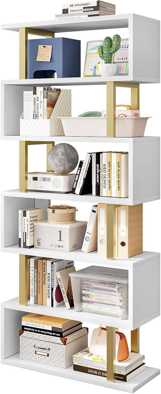 SORCEDAS Bookshelf Geometric Bookcase S Shaped Industrial Bookshelf Storage Display Stand Shelf for Living Room Bedroom and Office Room (White, 6 Tier)