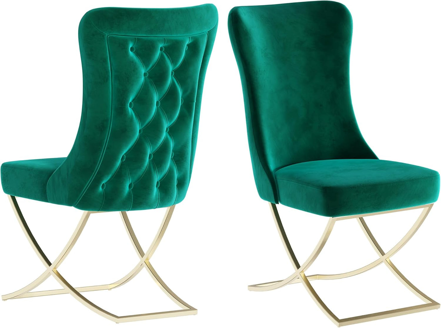 Ottomanson Royal Dining Chairs Set of 8 – Upholstered Tufted Microfiber, Assembled, Gold Metal Legs, Beech Wood Frame, 350 lb Capacity, Green