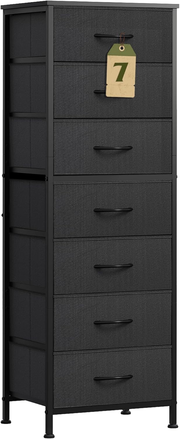 WLIVE Black Tall Dresser for Bedroom, 7 Drawer Dressers & Chests of Drawers, Fabric Dresser for Closet, Living Room, Night Stand with Metal Frame, Storage Tower with Fabric Bins, Wood Top