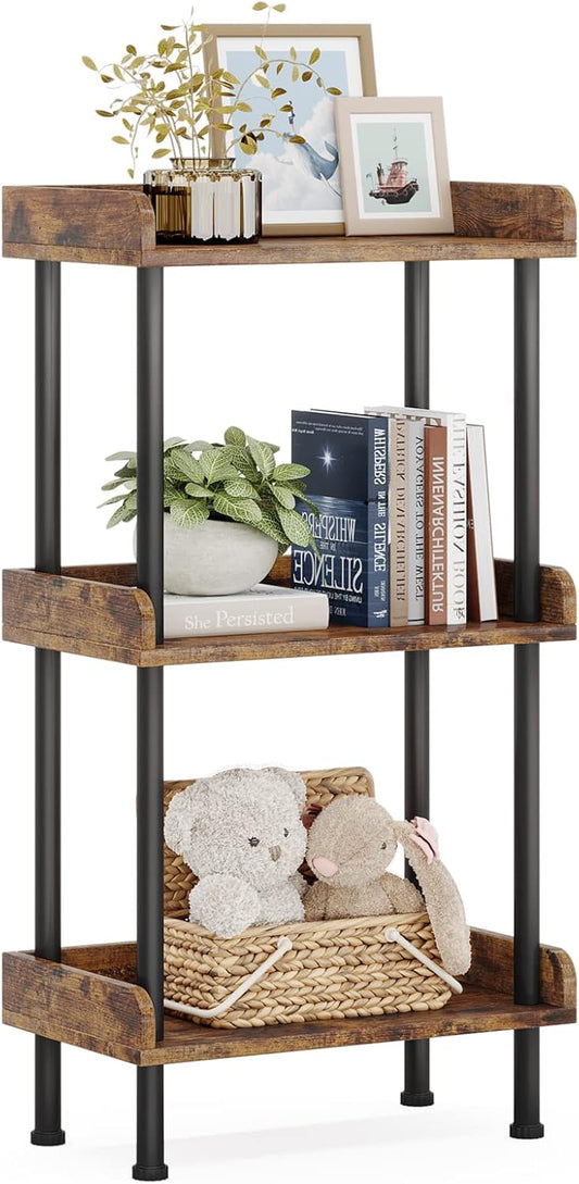 Hosfais Bookshelf Small Book Shelf, 3 Tier Wood Bookcase Industrial Bookshelf Metal Standing Book Shelves Display Book Rack for Living Room Bedroom Home Office (Rustic Brown)