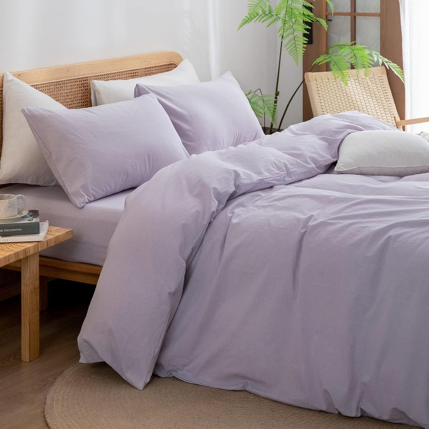 BESTOUCH Duvet Cover Set 100% Washed Cotton Linen Feel Super Soft Comfortable Chic Lightweight 3 PCs Home Bedding Set Solid Taro Purple Oversized Full
