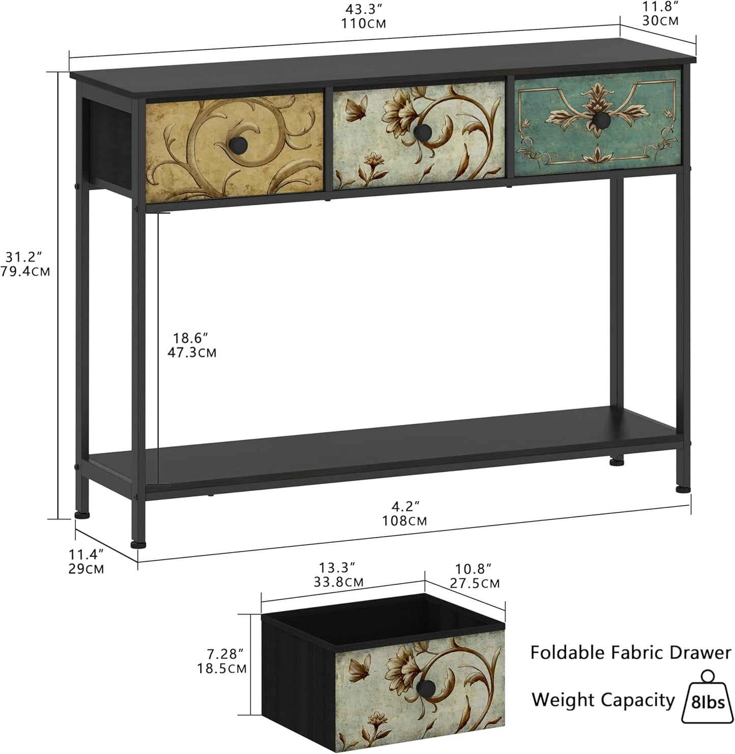 Tohomeor Entryway Console Table with 3 Retro Flowers Fabric Drawers Boho Narrow Long Behind Couch Farmhouse Sofa Table with Bottom Open Storage Shelf for Hallway Living Room Foyer (Black, 3 Drawers)