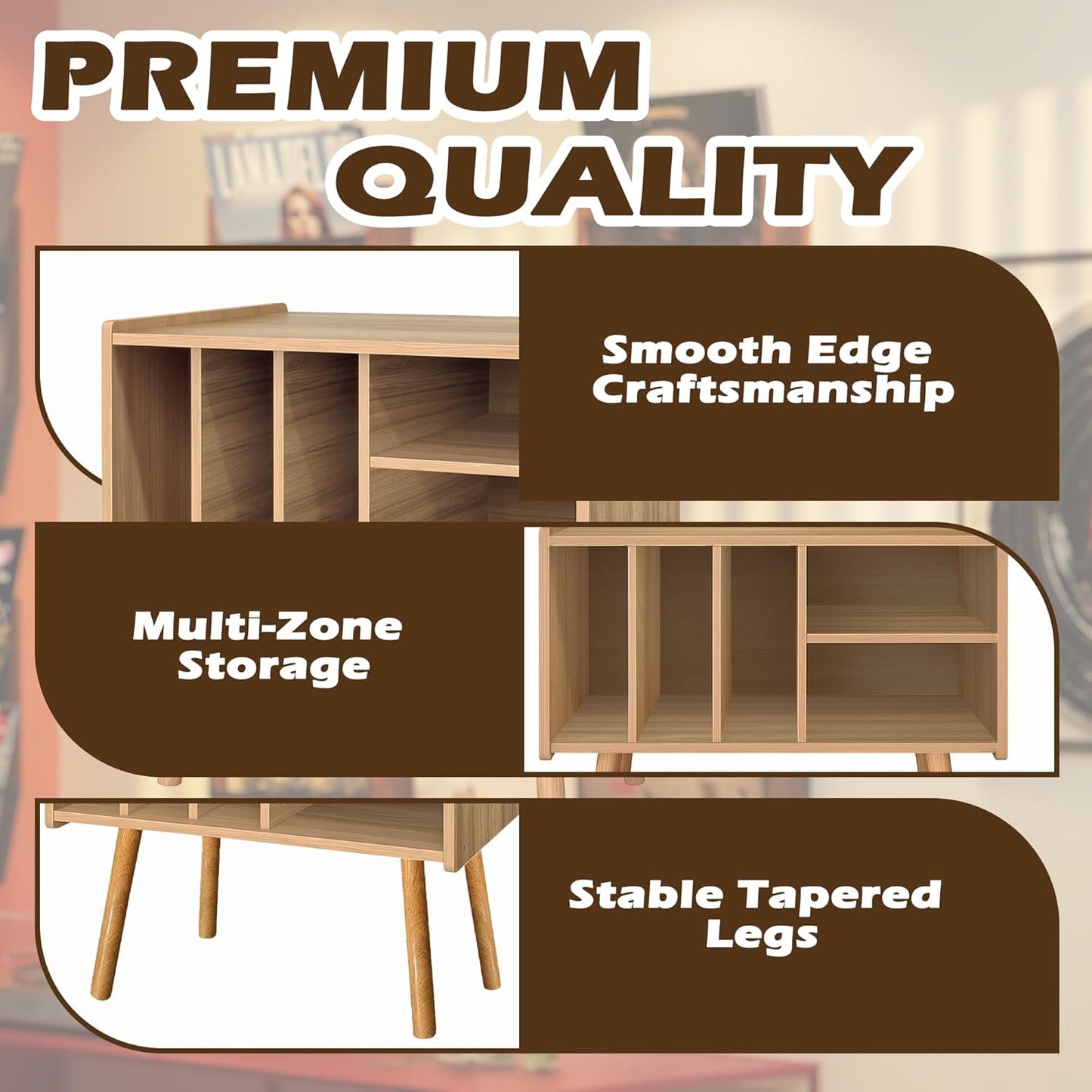 Record Player Stand with Vinyl Storage, Wooden Record Player Table with 5 Cabinet, Large Vinyl Record Player Stand, Record Player Holder, Record Player Shelf for Office Living Room, Oak