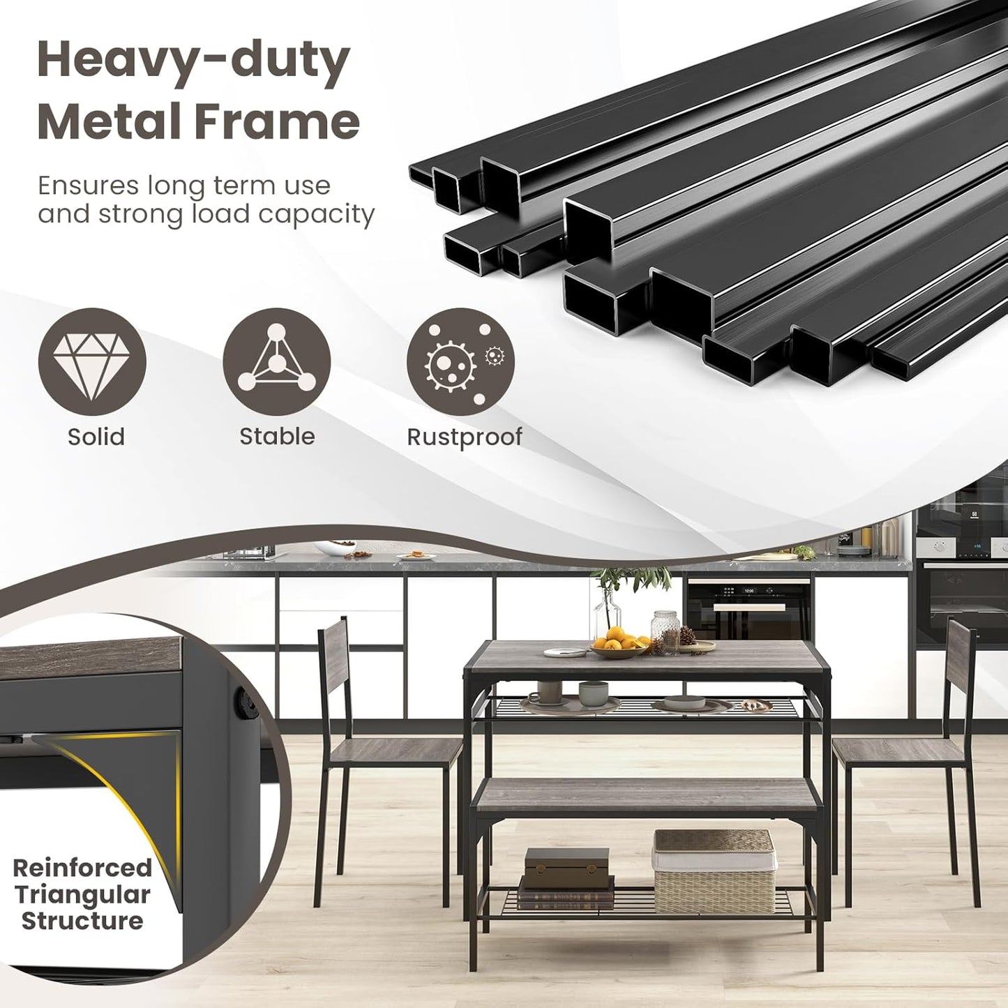 Giantex Dining Table Set for 4, Kitchen Table with Chairs & Bench, Storage Racks, Metal Frame, 4-Piece Space-Saving Dinette Set for Dining Room, Breakfast Nook, Small Space, Apartment, Grey