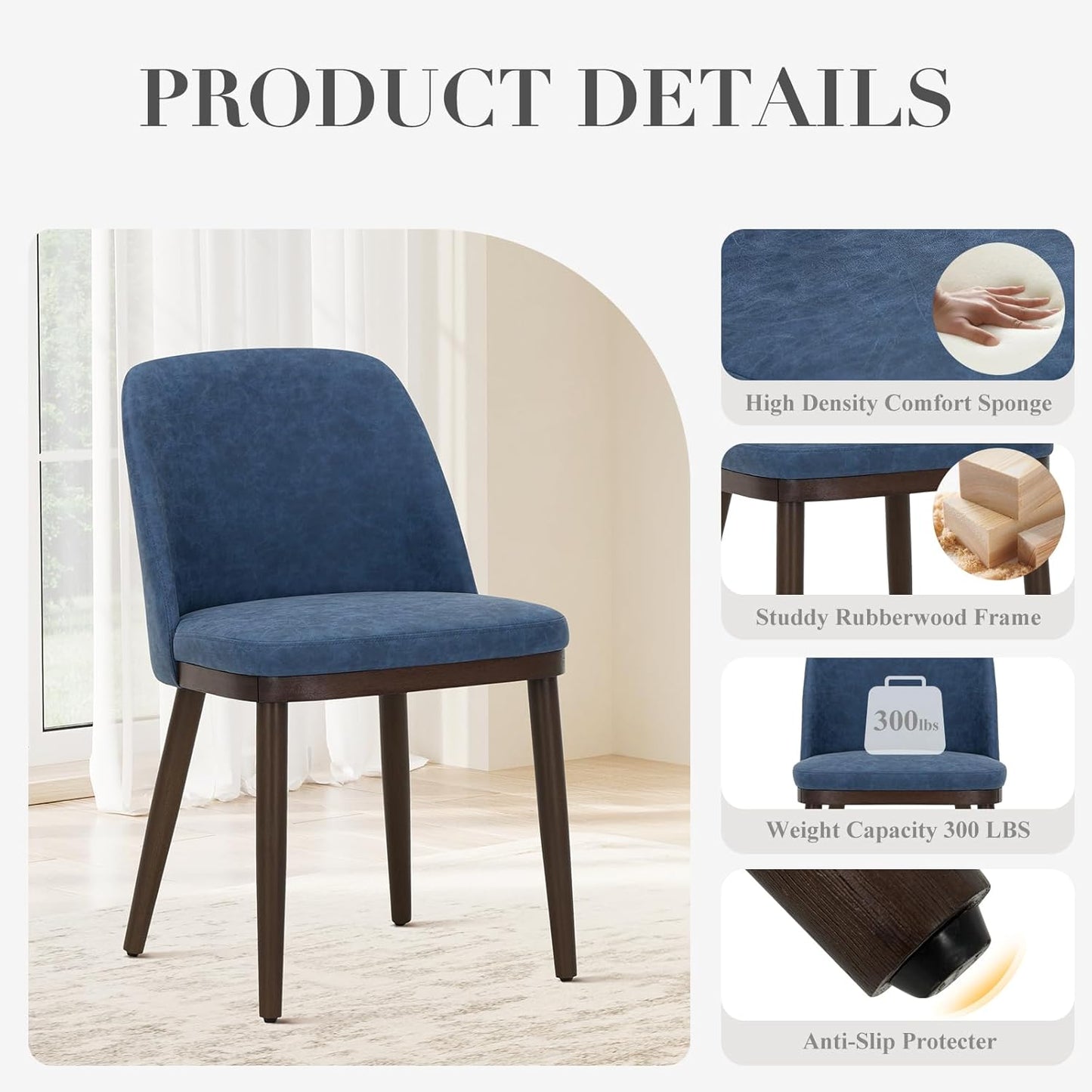 COLAMY Upholstered Dining Chairs Set of 6, Modern Kitchen Chairs with Back, Leather Side Dining Room Chairs with Wood Legs for Kitchen Dining Room Restaurant, Blue