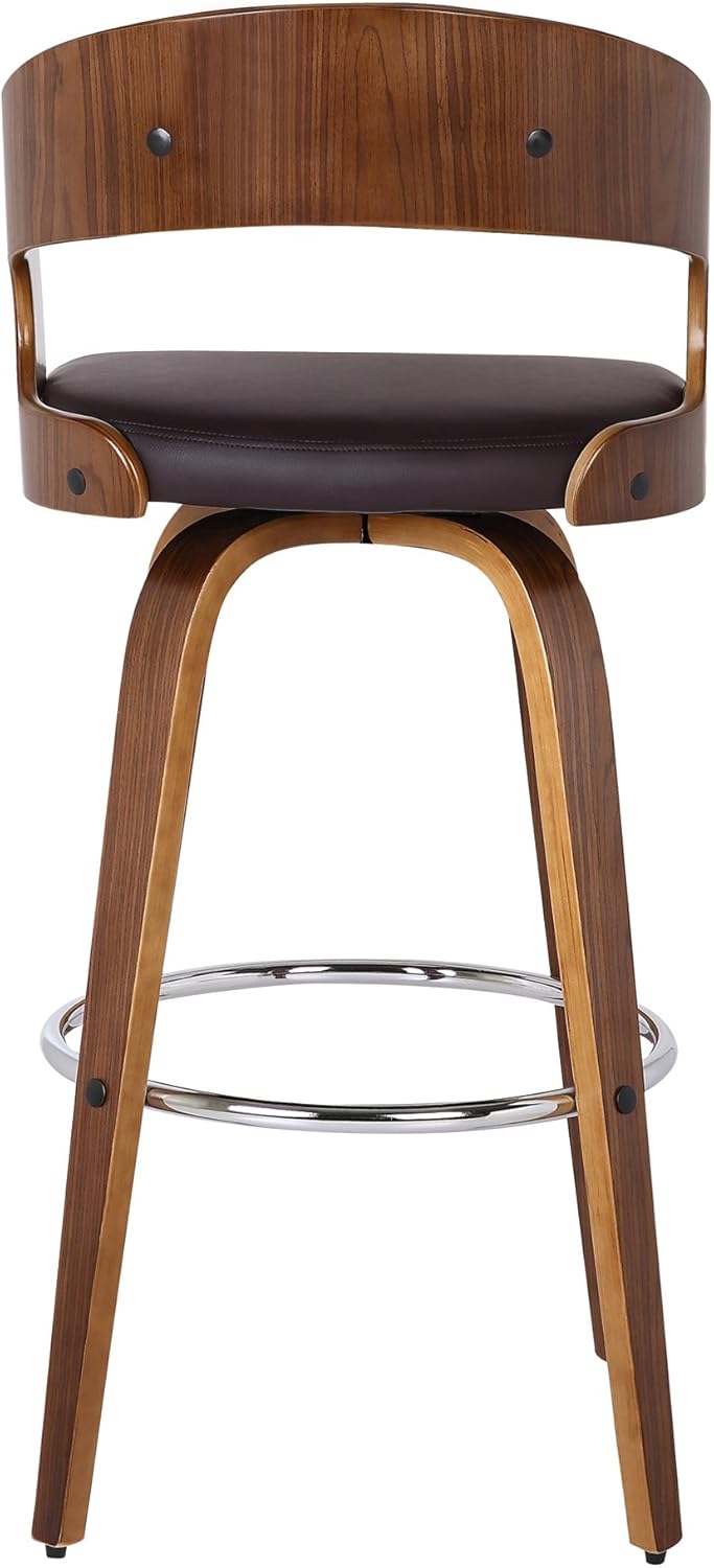 Armen Living Shelly 30" Bar Height Swivel Brown Faux Leather and Walnut Wood Bar Stool - Set of 2