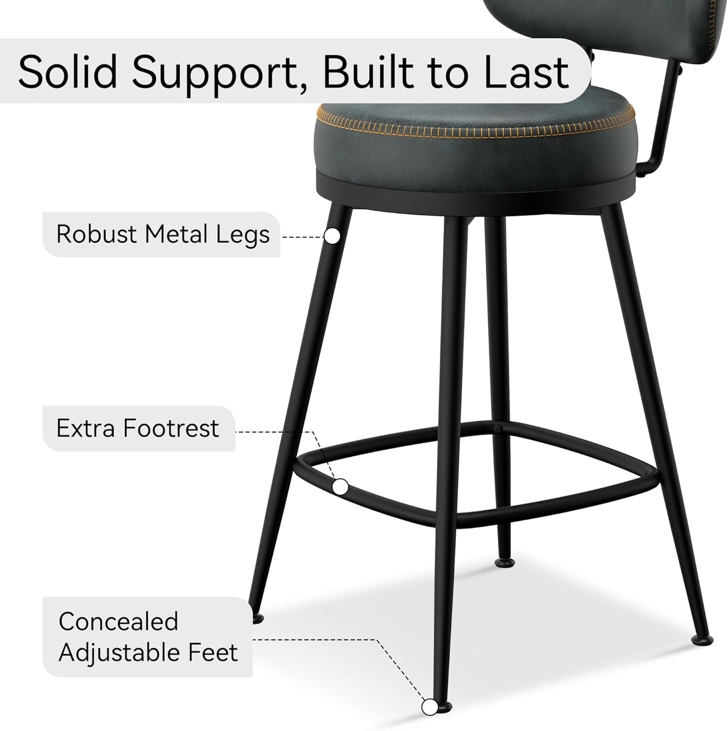 Counter Height Bar Stools, 26" H Swivel Barstools Set of 6, Faux Leather Kitchen Counter Stools with Back and Stylish Stitching, Metal Frame, Pub, Home Bar, Balck Green