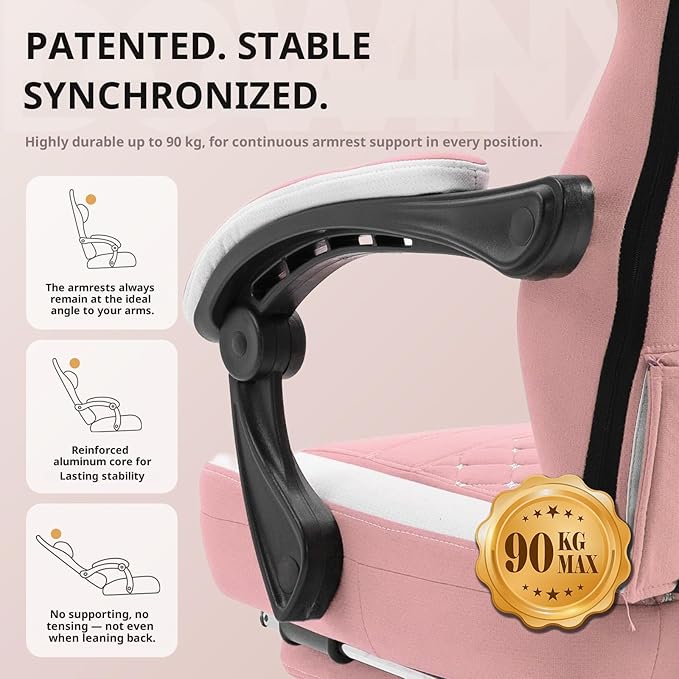 Dowinx Gaming Chair Breathable Fabric Game Chair with Gel Pad and Storage Bag, Comfortable Gamer Chair with Pocket Spring Cushion,Ergonomic Computer Chair with Footrest,Pink
