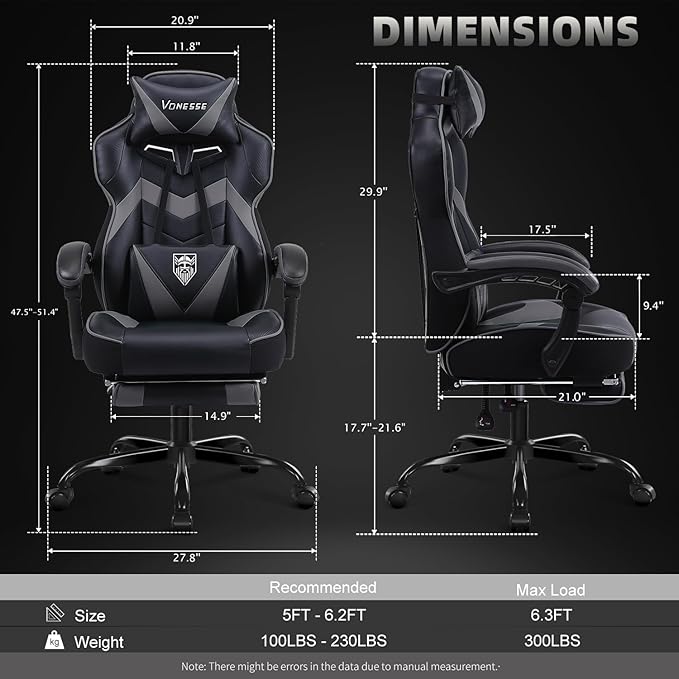 Vonesse Gaming Chair, High Back Gaming Chair with Footrest and Massage, Gaming Chairs for Adults with Pocket Spring Cushion, Big and Tall Reclining Computer Chair with Lumbar Support (Grey/Black)