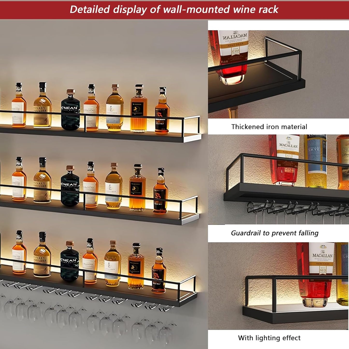 55in Wall-Mounted Metal Wine Rack with LED Lights 3-Tier Floating Bar Shelves with Wine Glass Rack Large Wine Bottle Display Rack Hanging Shelf, for Home Bar Dining Room Decorative (black, 140cm/55in)