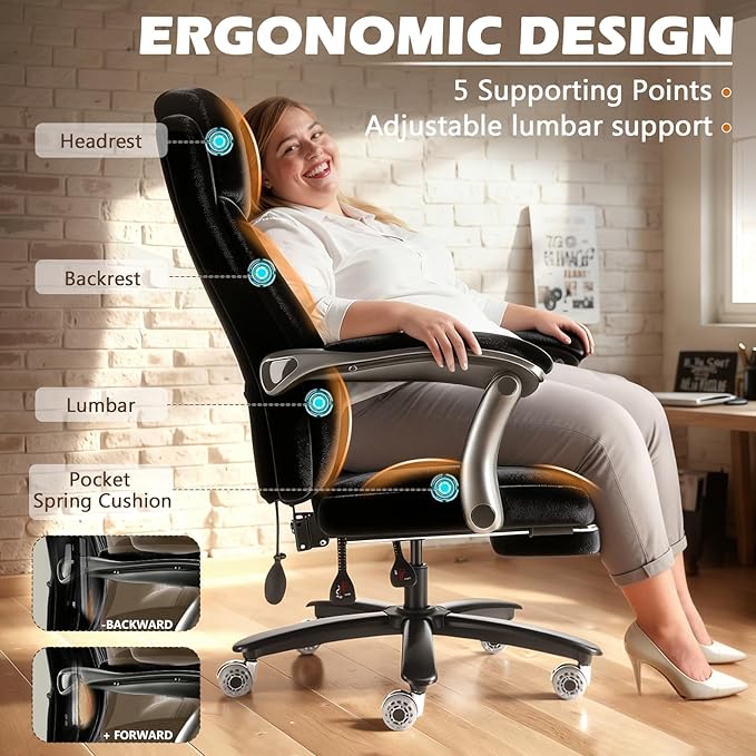 600LBS Reclining Heavy Duty Office Chair with 5D Flip Arms, Big and Tall Office Chair with Pocket Spring Cushion, Large High Back with Adjustable Lumbar Support,Dual Rubber Wheel