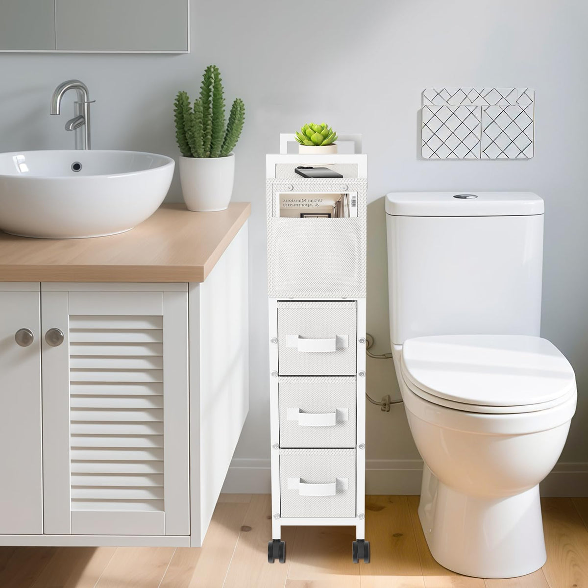 3 Drawer Small Narrow Side End Table for Small Spaces, Slim Nightstand Bedside Sofa Table with Wheels, Space Saving Skinny Thin Couch Desk with Storage Bag for Bedroom Living Room Bathroom,White