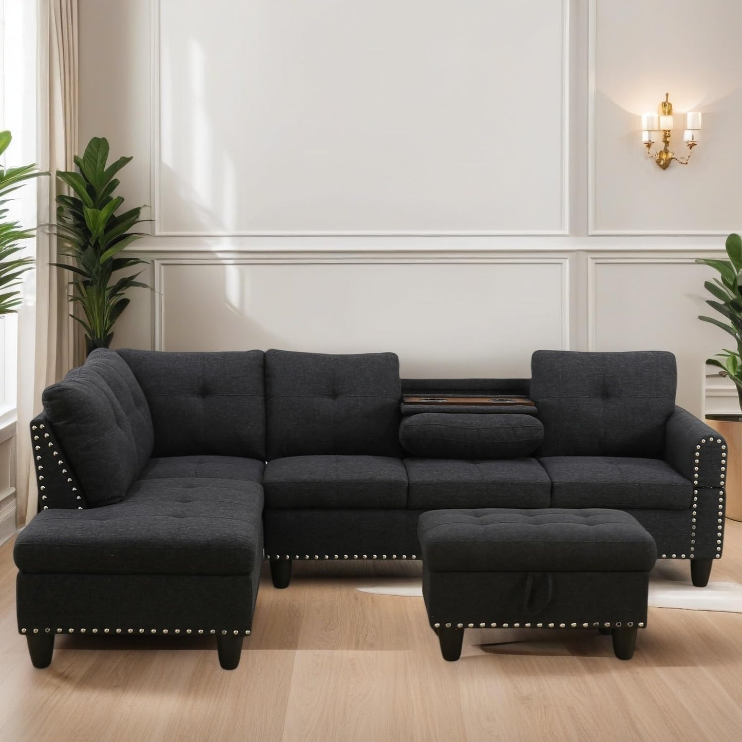 L Shaped Sectional Couches for Living Room, Modular 4 Seat Sofa with Ottoman Storage, Modern Couch with Chaise for Bedroom Apartment Furniture, Black