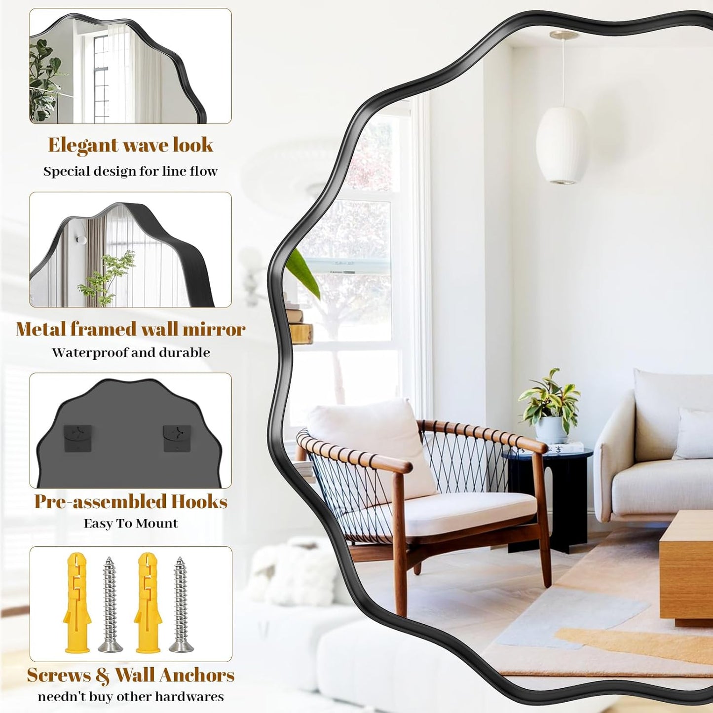 Round Wavy Mirror, 42 Inch Metal Frame Circle Mirror, Round Wall Mounted for Entryway, Bathroom, Vanity, Living Room, Black