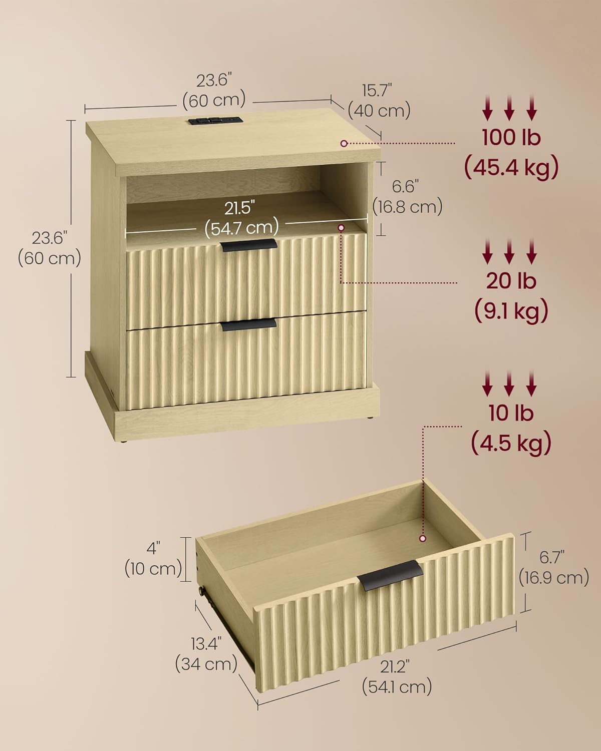 VASAGLE MAXE Collection - Set of 2 Nightstands with Charging Station, Bedside Table, Side End Table with 2 Drawers, Open Shelf, 2 AC Outlets, 2 USB Ports, Transitional, Bedroom, Oak Beige ULET926Y01