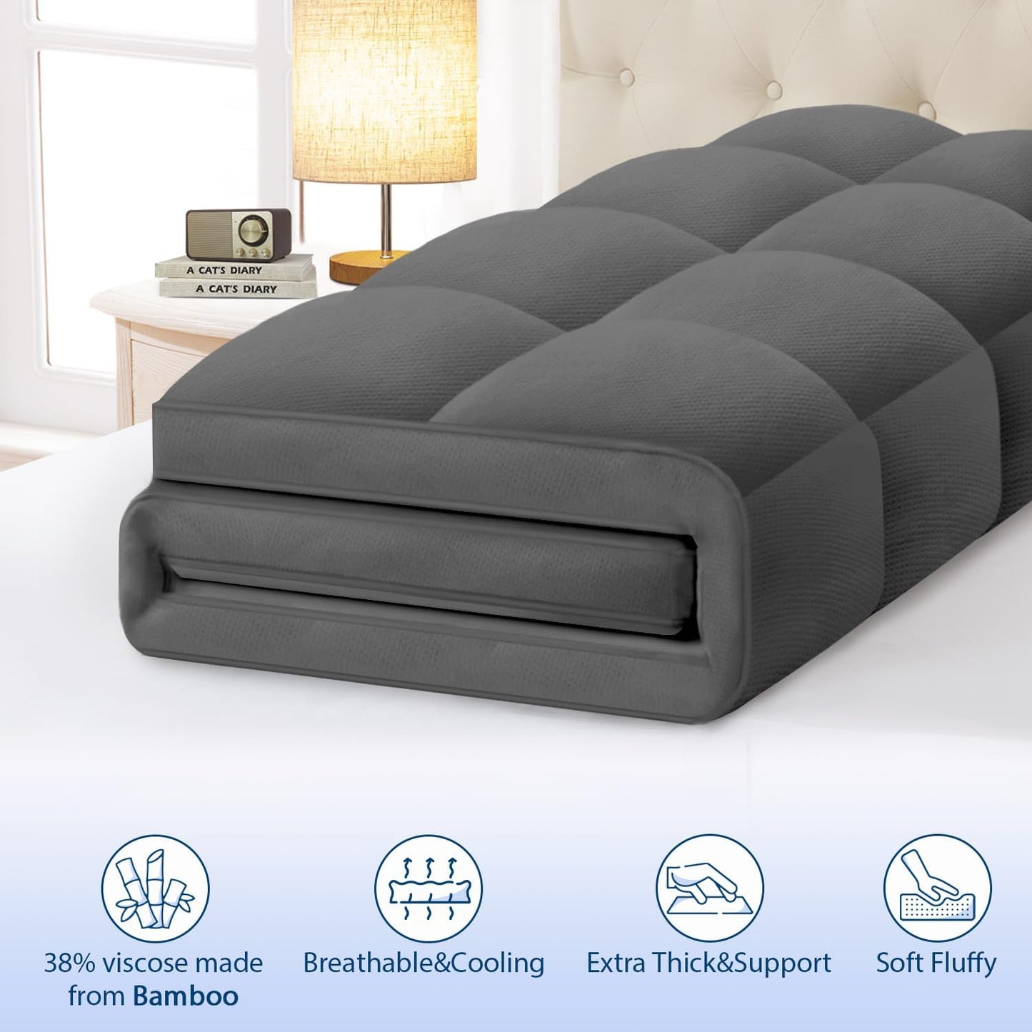 ELEMUSE California King Grey Cooling Bamboo Viscose Mattress Topper for Back Pain, Extra Thick Mattress Pad Cover, Plush Soft Pillowtop with Elastic Deep Pocket, Overfilled Down Alternative Filling