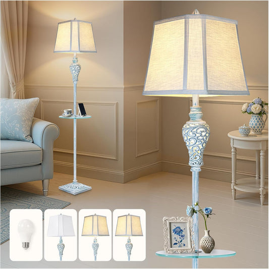 Vintage Floor Lamp with Night Light and Glass Tray, 65" High Retro Standing Lamp with Washed Blue Finish and White Linen Shade, Farmhouse Tall Lamp Decor for Living Room Bedroom House (Bulb Included)