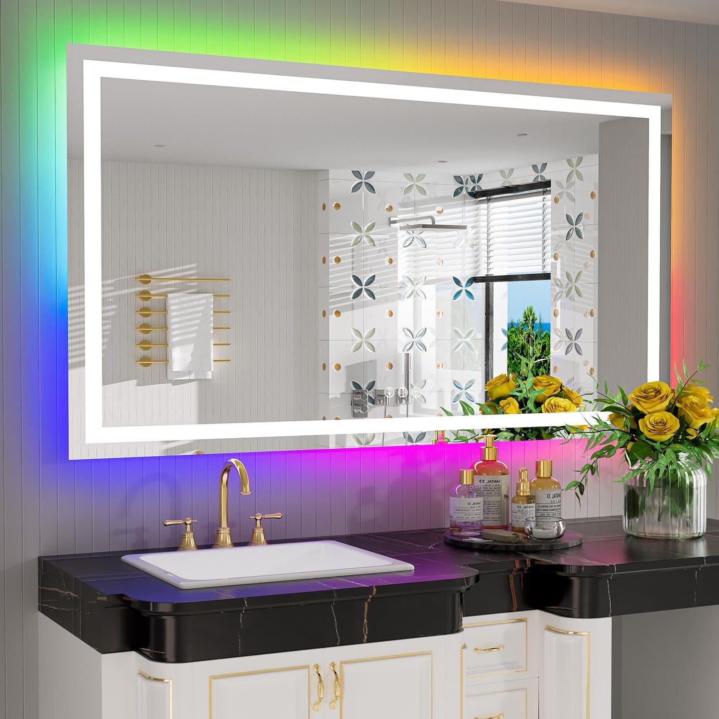 57x36 Inch RGB LED Bathroom Mirror Front Light and RGB Backlit Lighted Vanity Mirror for Bathroom Wall Mounted Dimmable Anti Fog Memory Shatter-Proof IP54 Waterproof Horizontal/Vertical